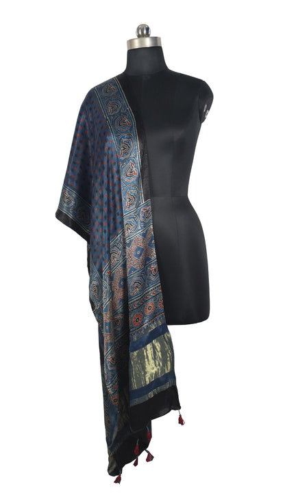 Ajrakh Modal Silk Natural Dye Hand Block Print Stole with Golden Border - with Tassels - 2.6 Mtr Length   -  SKU : MS26501E