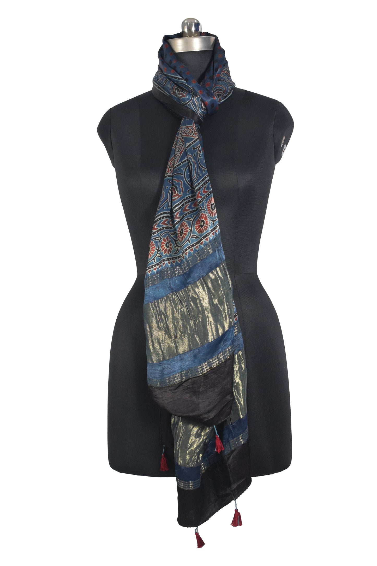 Ajrakh Modal Silk Natural Dye Hand Block Print Stole with Golden Border - with Tassels - 2.6 Mtr Length   -  SKU : MS26501E