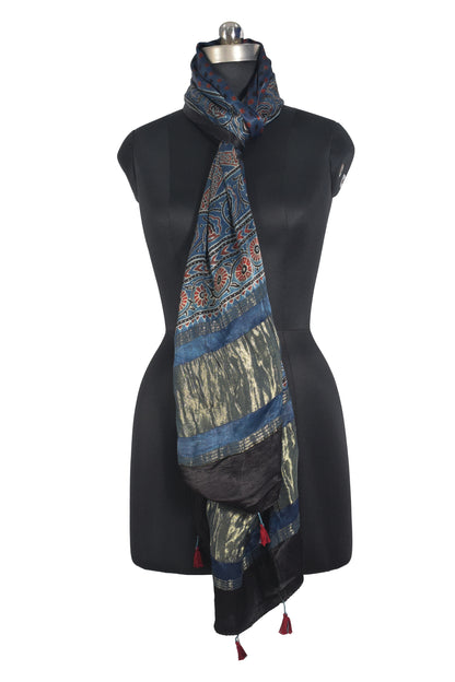 Ajrakh Modal Silk Natural Dye Hand Block Print Stole with Golden Border - with Tassels - 2.6 Mtr Length   -  SKU : MS26501E