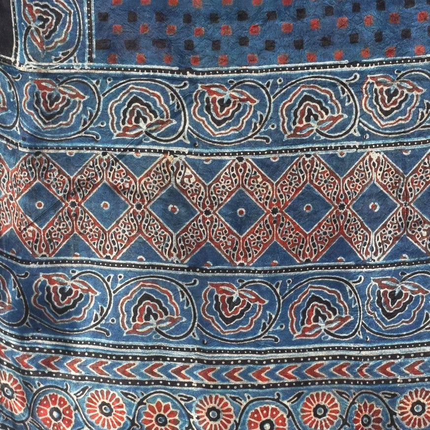 Ajrakh Modal Silk Natural Dye Hand Block Print Stole with Golden Border - with Tassels - 2.6 Mtr Length   -  SKU : MS26501E