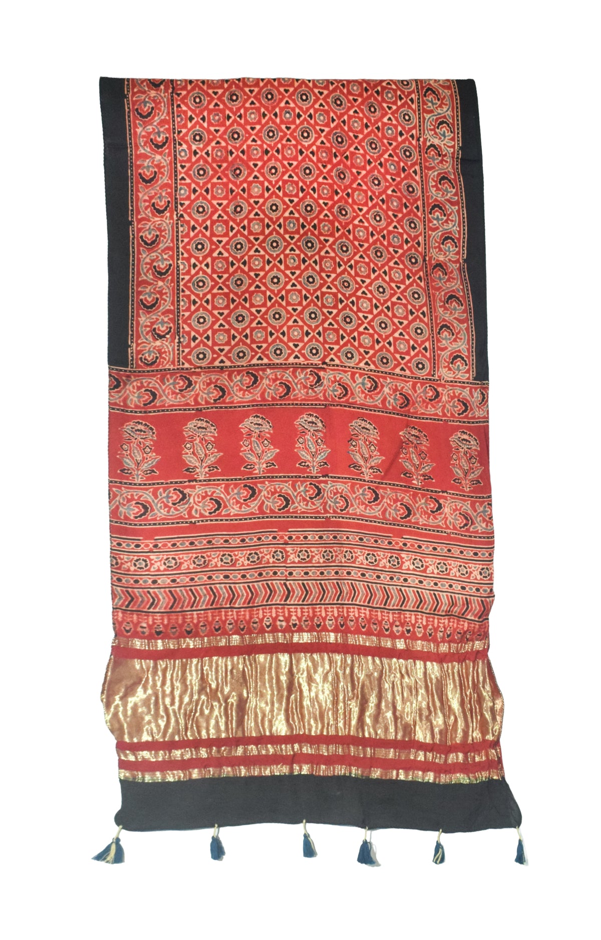 Ajrakh Modal Silk Natural Dye Hand Block Print Stole with Golden Border - with Tassels - 2.6 Mtr Length   -  SKU : MS18801F