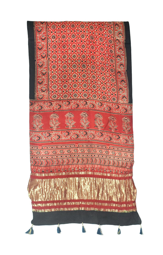 Ajrakh Modal Silk Natural Dye Hand Block Print Stole with Golden Border - with Tassels - 2.6 Mtr Length   -  SKU : MS18801F