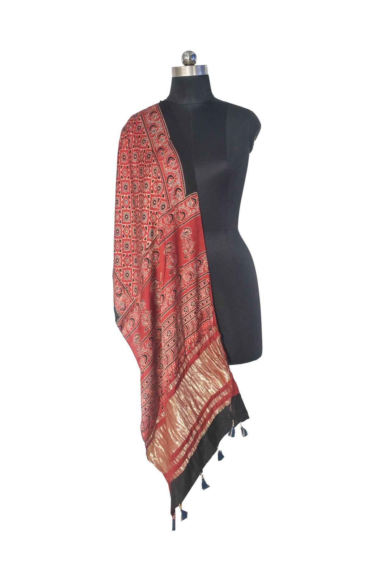 Ajrakh Modal Silk Natural Dye Hand Block Print Stole with Golden Border - with Tassels - 2.6 Mtr Length   -  SKU : MS18801F