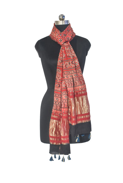 Ajrakh Modal Silk Natural Dye Hand Block Print Stole with Golden Border - with Tassels - 2.6 Mtr Length   -  SKU : MS18801F
