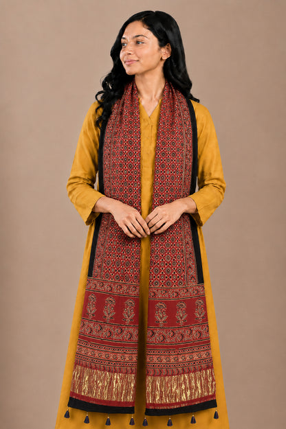 Ajrakh Modal Silk Natural Dye Hand Block Print Stole with Golden Border - with Tassels - 2.6 Mtr Length   -  SKU : MS18801F