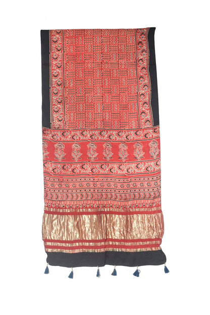 Ajrakh Modal Silk Natural Dye Hand Block Print Stole with Golden Border - with Tassels - 2.6 Mtr Length   -  SKU : MS18801G