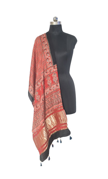 Ajrakh Modal Silk Natural Dye Hand Block Print Stole with Golden Border - with Tassels - 2.6 Mtr Length   -  SKU : MS18801G