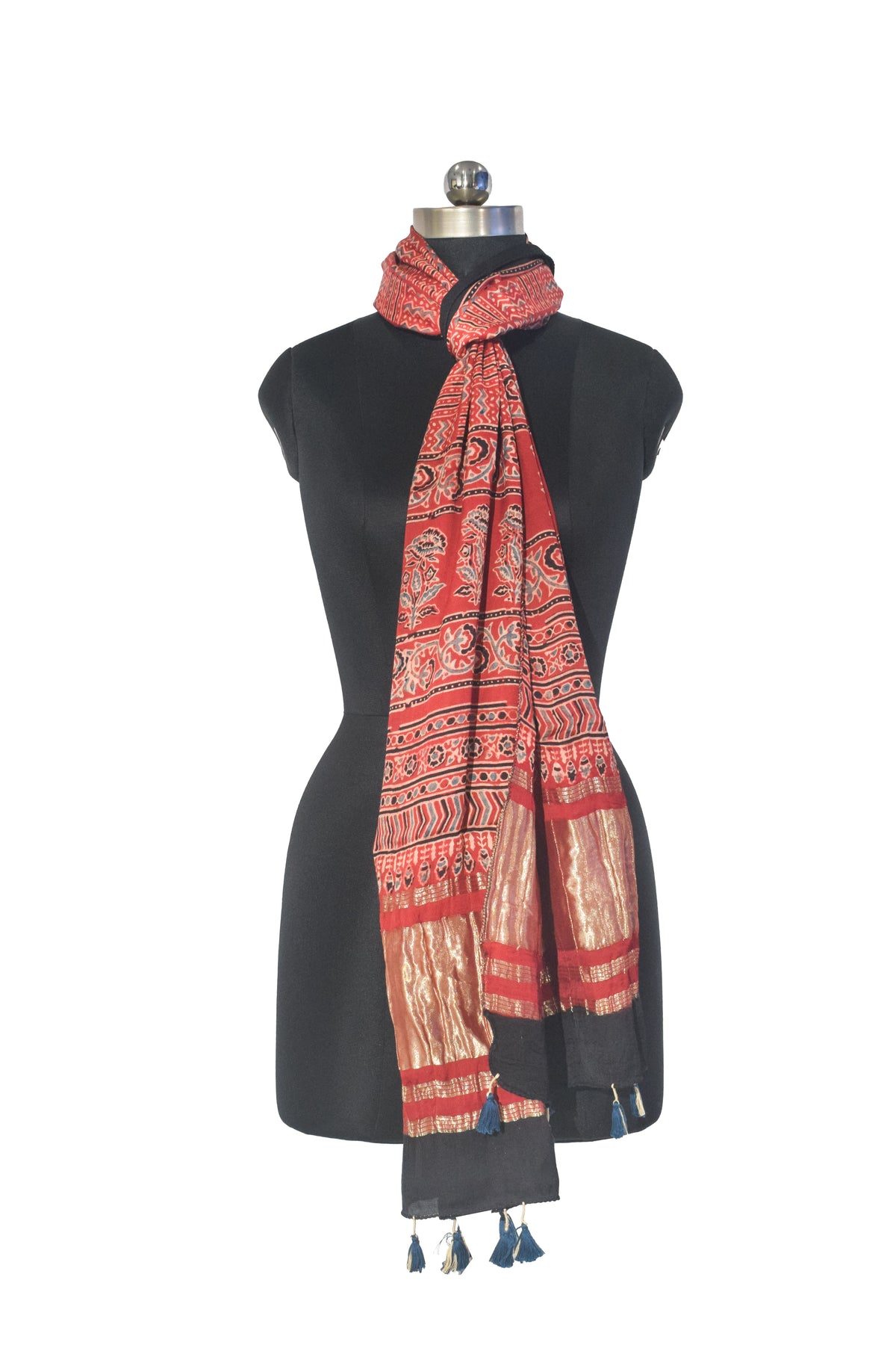 Ajrakh Modal Silk Natural Dye Hand Block Print Stole with Golden Border - with Tassels - 2.6 Mtr Length   -  SKU : MS18801G