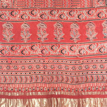 Ajrakh Modal Silk Natural Dye Hand Block Print Stole with Golden Border - with Tassels - 2.6 Mtr Length   -  SKU : MS18801G