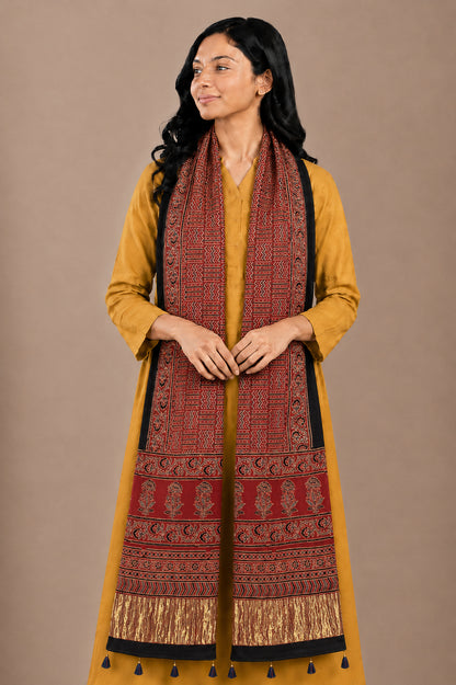 Ajrakh Modal Silk Natural Dye Hand Block Print Stole with Golden Border - with Tassels - 2.6 Mtr Length   -  SKU : MS18801G