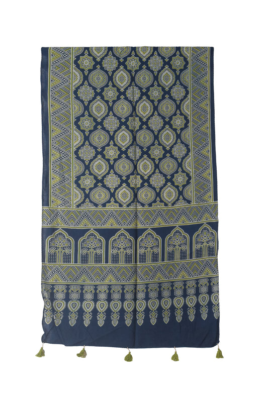Ajrakh Rayon Screen Print Hand Printed Stole  - 2.1 Mtr Length   -  SKU : RD25702F