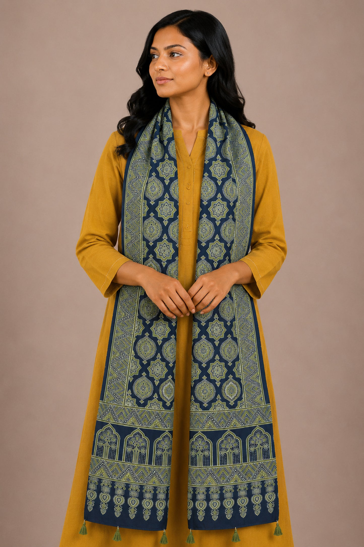 Ajrakh Rayon Screen Print Hand Printed Stole  - 2.1 Mtr Length   -  SKU : RD25702F
