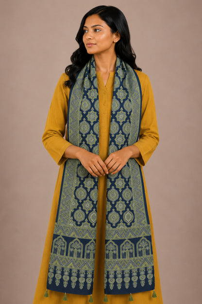 Ajrakh Rayon Screen Print Hand Printed Stole  - 2.1 Mtr Length   -  SKU : RD25702F