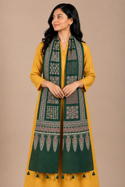 Ajrakh Rayon Screen Print Hand Printed Stole  - 2.1 Mtr Length   -  SKU : RD25702D