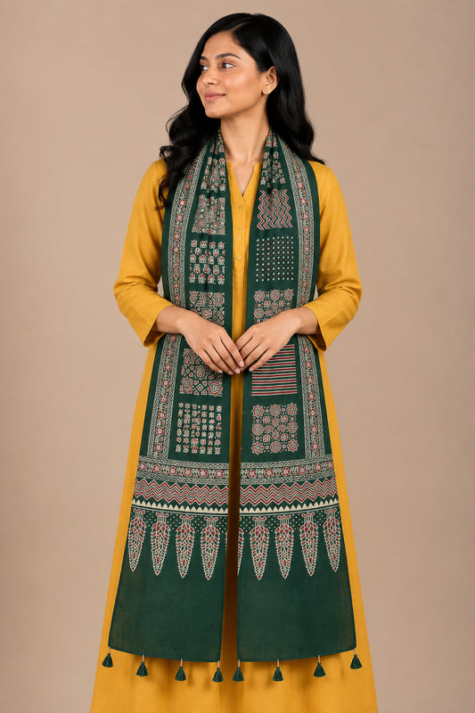 Ajrakh Rayon Screen Print Hand Printed Stole  - 2.1 Mtr Length   -  SKU : RD25702D