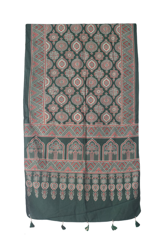 Ajrakh Rayon Screen Print Hand Printed Stole  - 2.1 Mtr Length   -  SKU : RD25702G