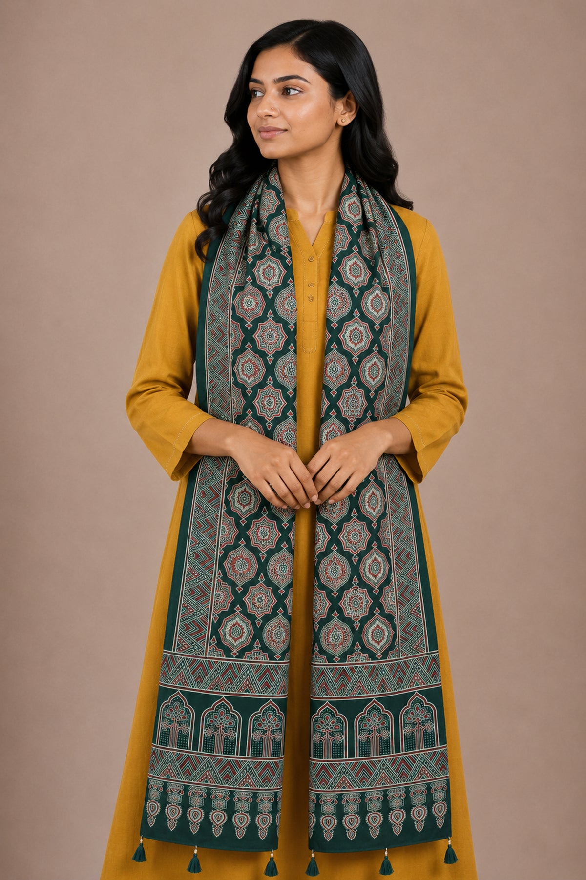 Ajrakh Rayon Screen Print Hand Printed Stole  - 2.1 Mtr Length   -  SKU : RD25702G