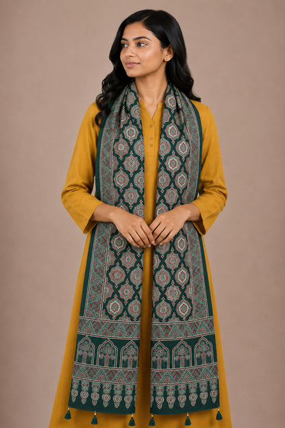 Ajrakh Rayon Screen Print Hand Printed Stole  - 2.1 Mtr Length   -  SKU : RD25702G