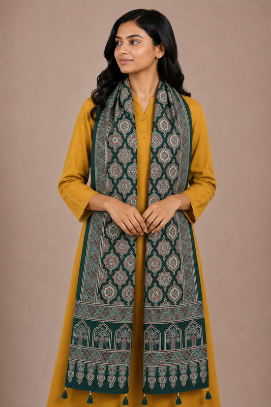 Ajrakh Rayon Screen Print Hand Printed Stole  - 2.1 Mtr Length   -  SKU : RD25702G