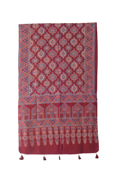 Ajrakh Rayon Screen Print Hand Printed Stole  - 2.1 Mtr Length   -  SKU : RD25702B
