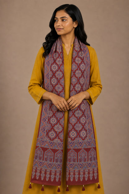 Ajrakh Rayon Screen Print Hand Printed Stole  - 2.1 Mtr Length   -  SKU : RD25702B
