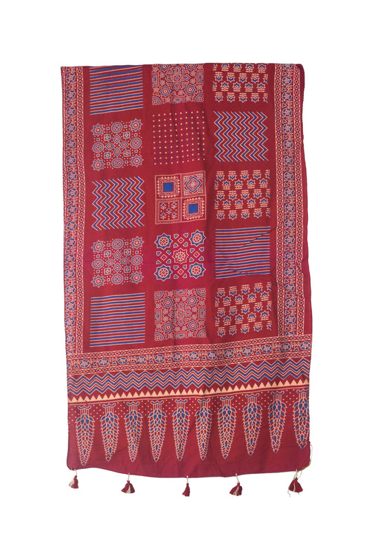 Ajrakh Rayon Screen Print Hand Printed Stole  - 2.1 Mtr Length   -  SKU : RD25702E