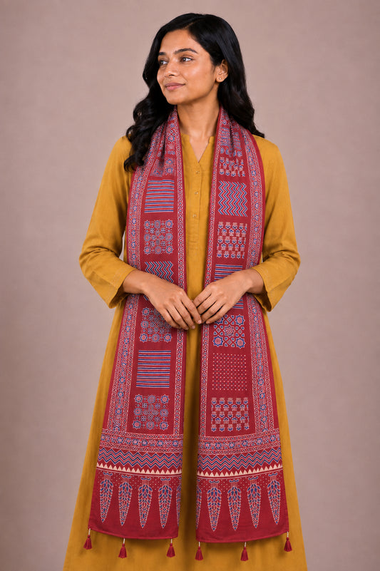 Ajrakh Rayon Screen Print Hand Printed Stole  - 2.1 Mtr Length   -  SKU : RD25702E