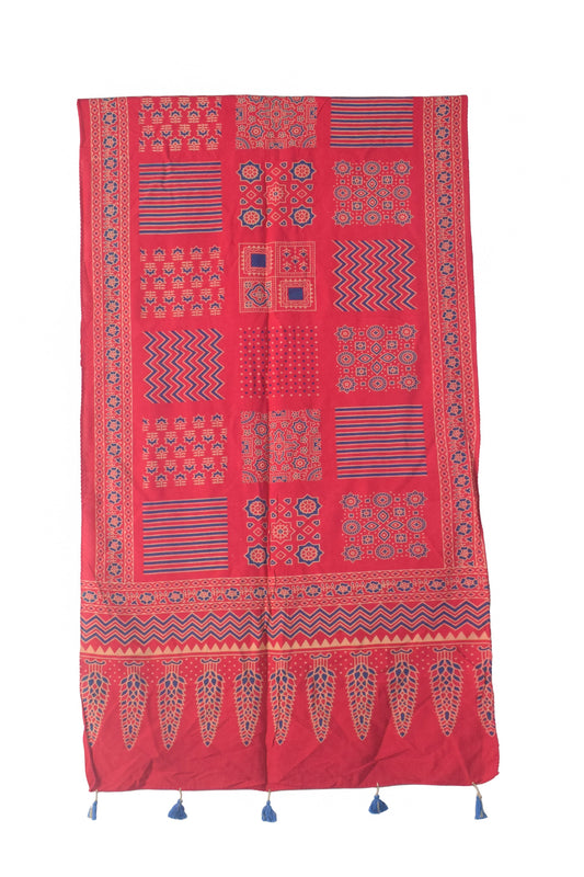 Ajrakh Rayon Screen Print Hand Printed Stole  - 2.1 Mtr Length   -  SKU : RD25702A