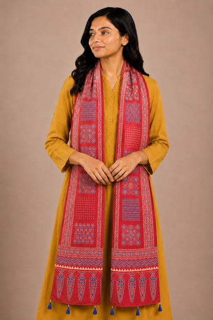 Ajrakh Rayon Screen Print Hand Printed Stole  - 2.1 Mtr Length   -  SKU : RD25702A