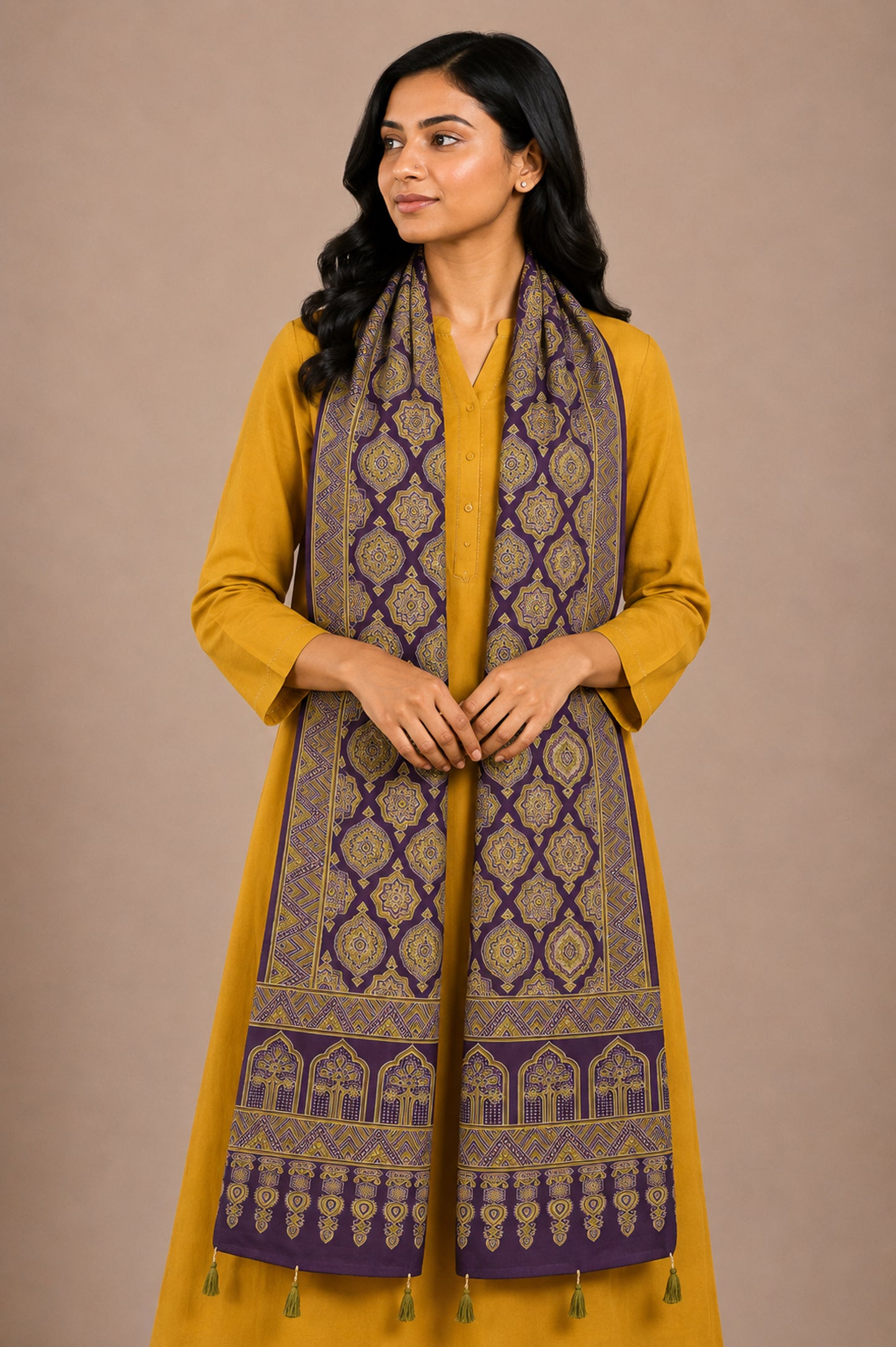 Ajrakh Rayon Screen Print Hand Printed Stole  - 2.1 Mtr Length   -  SKU : RD25702H