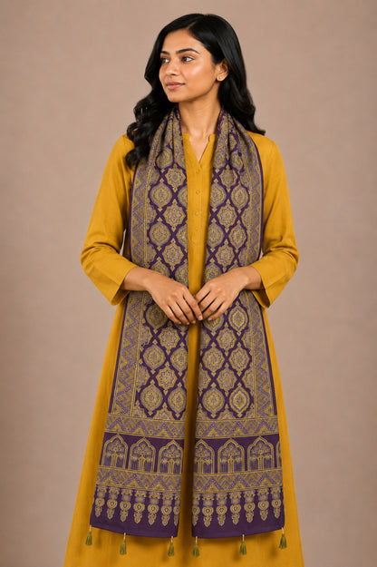 Ajrakh Rayon Screen Print Hand Printed Stole  - 2.1 Mtr Length   -  SKU : RD25702H