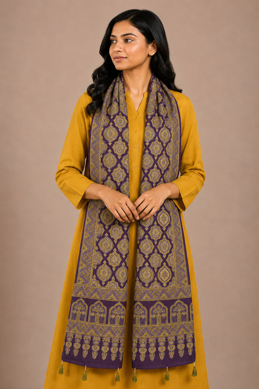Ajrakh Rayon Screen Print Hand Printed Stole  - 2.1 Mtr Length   -  SKU : RD25702H