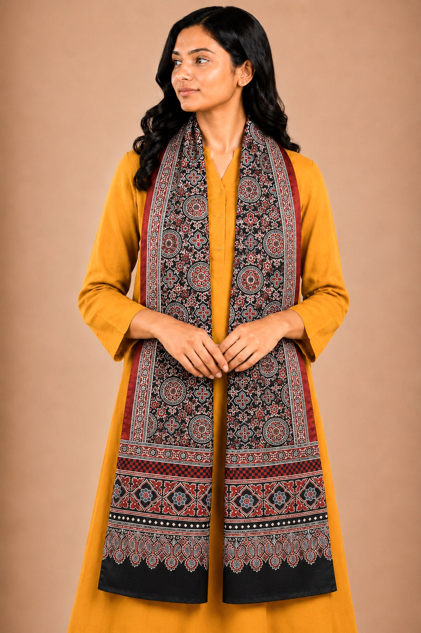 Ajrakh Mashru Silk Nepthol Dye Screen Print Stole  - 2.1 Mtr Length   -  SKU : RD22702A