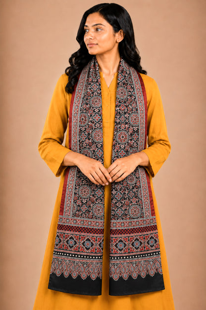 Ajrakh Mashru Silk Nepthol Dye Screen Print Stole  - 2.1 Mtr Length   -  SKU : RD22702A