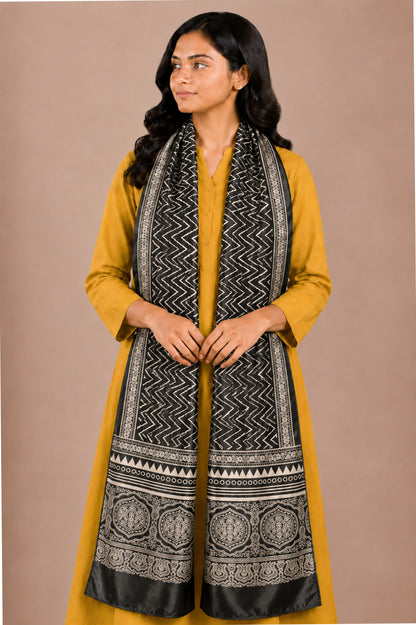 Laheryu Print Mashru Silk Two Colour Print Screen Print Hand Printed Stole  - 2.1 Mtr Length   -  SKU : RD25703C