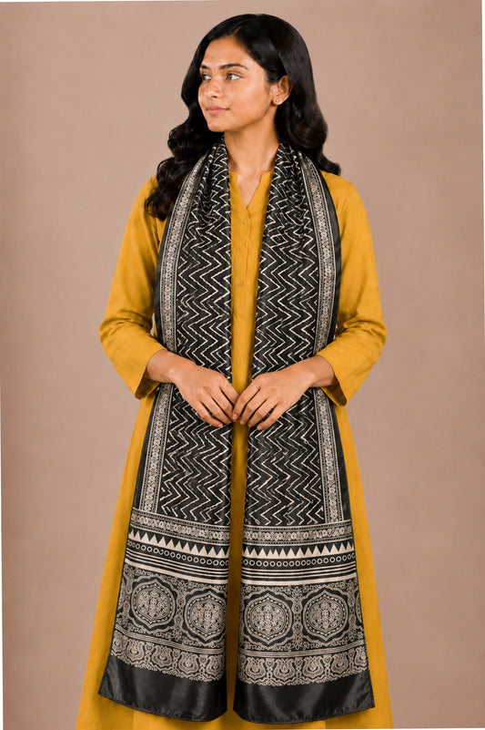Laheryu Print Mashru Silk Two Colour Print Screen Print Hand Printed Stole  - 2.1 Mtr Length   -  SKU : RD25703C