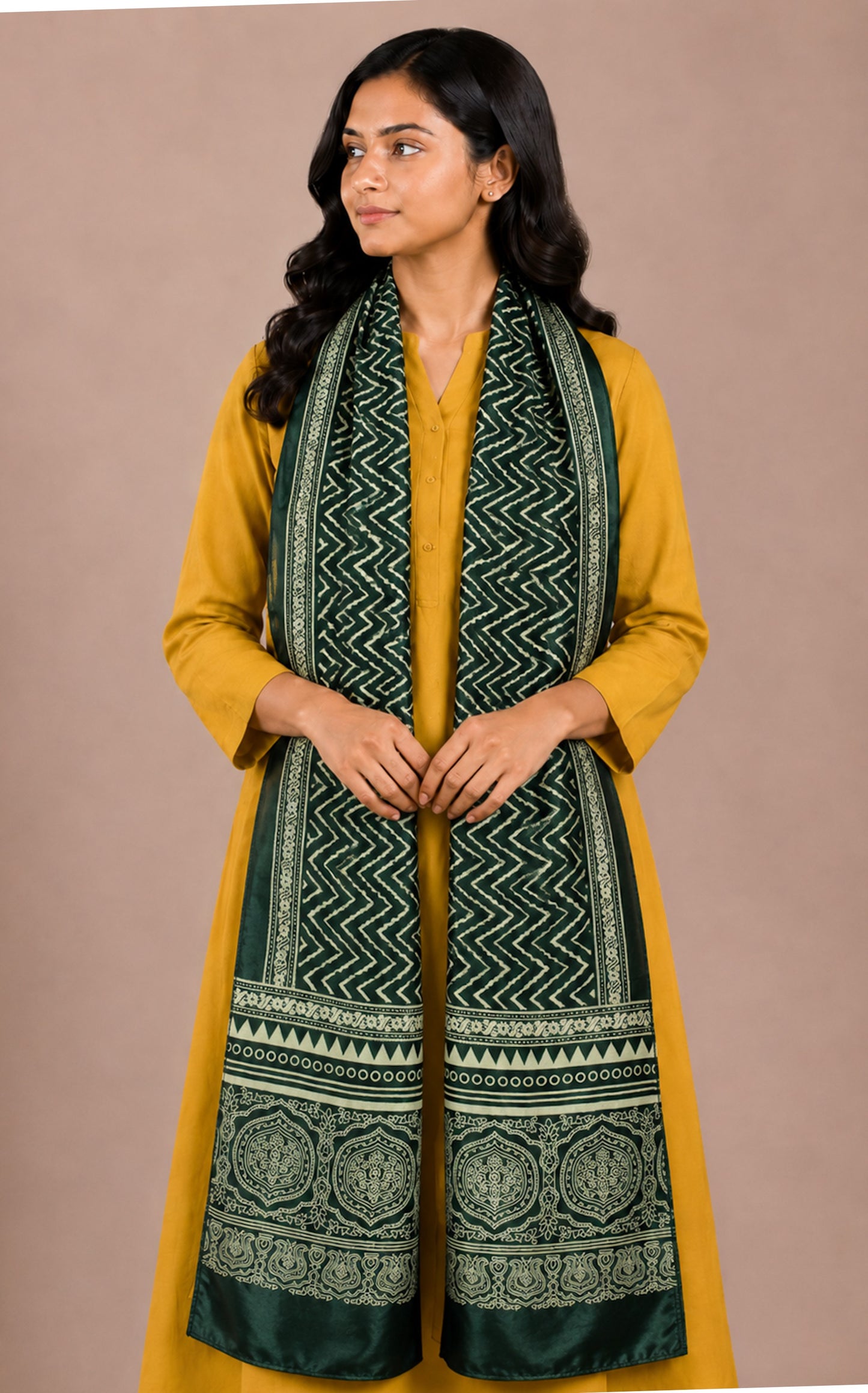 Laheryu Print Mashru Silk Two Colour Print Screen Print Hand Printed Stole  - 2.1 Mtr Length   -  SKU : RD25703G