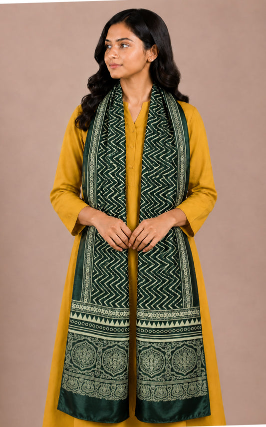 Laheryu Print Mashru Silk Two Colour Print Screen Print Hand Printed Stole  - 2.1 Mtr Length   -  SKU : RD25703G