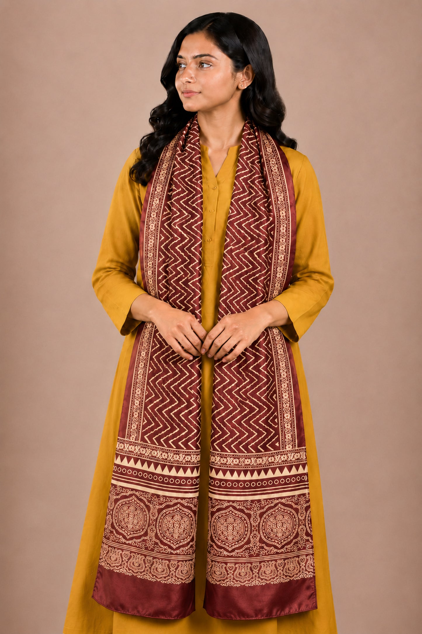 Laheryu Print Mashru Silk Two Colour Print Screen Print Hand Printed Stole  - 2.1 Mtr Length   -  SKU : RD25703B