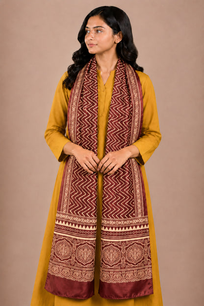 Laheryu Print Mashru Silk Two Colour Print Screen Print Hand Printed Stole  - 2.1 Mtr Length   -  SKU : RD25703B