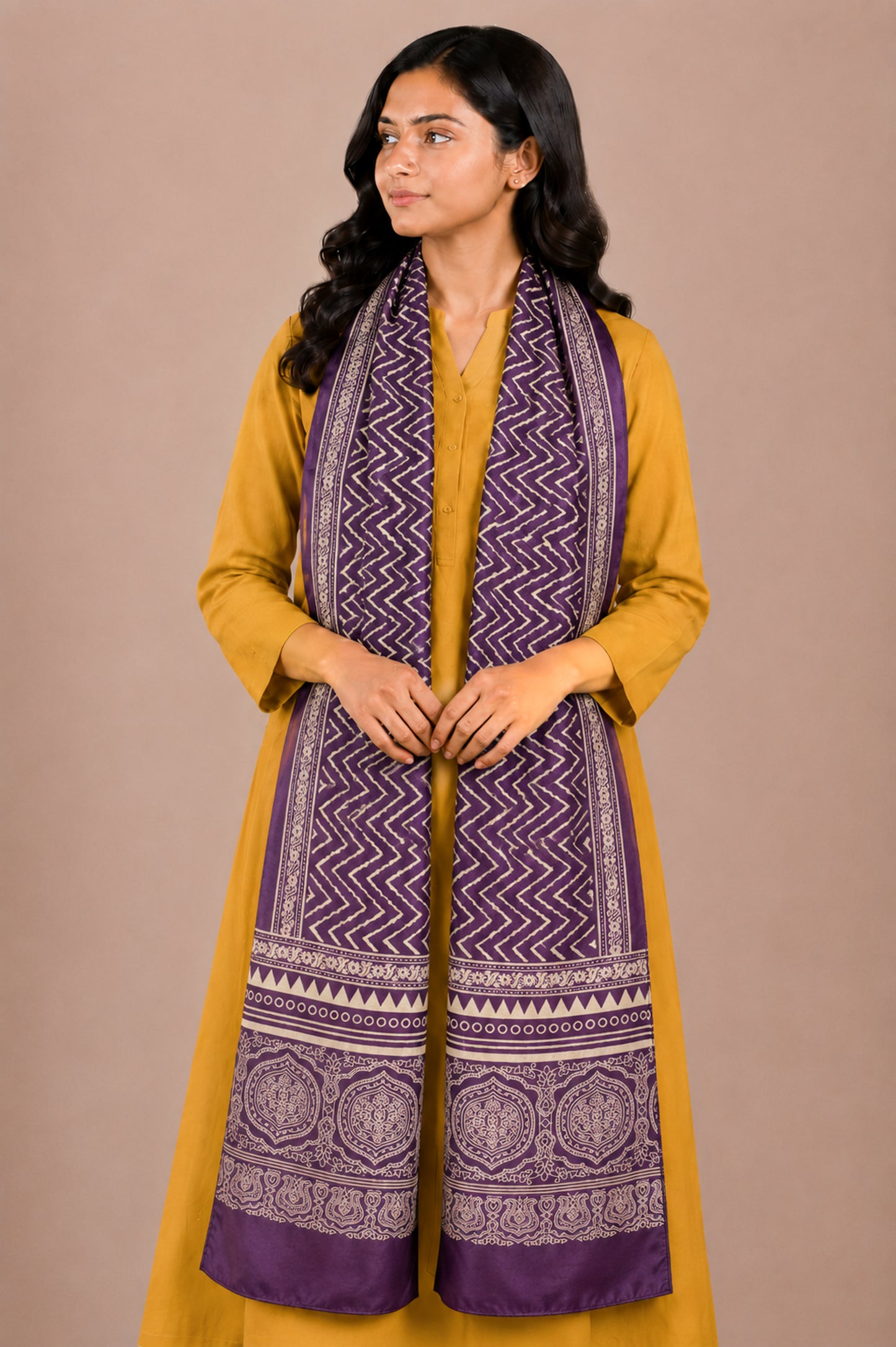 Laheryu Print Mashru Silk Two Colour Print Screen Print Hand Printed Stole  - 2.1 Mtr Length   -  SKU : RD25703A