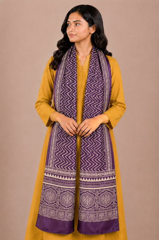 Laheryu Print Mashru Silk Two Colour Print Screen Print Hand Printed Stole  - 2.1 Mtr Length   -  SKU : RD25703A