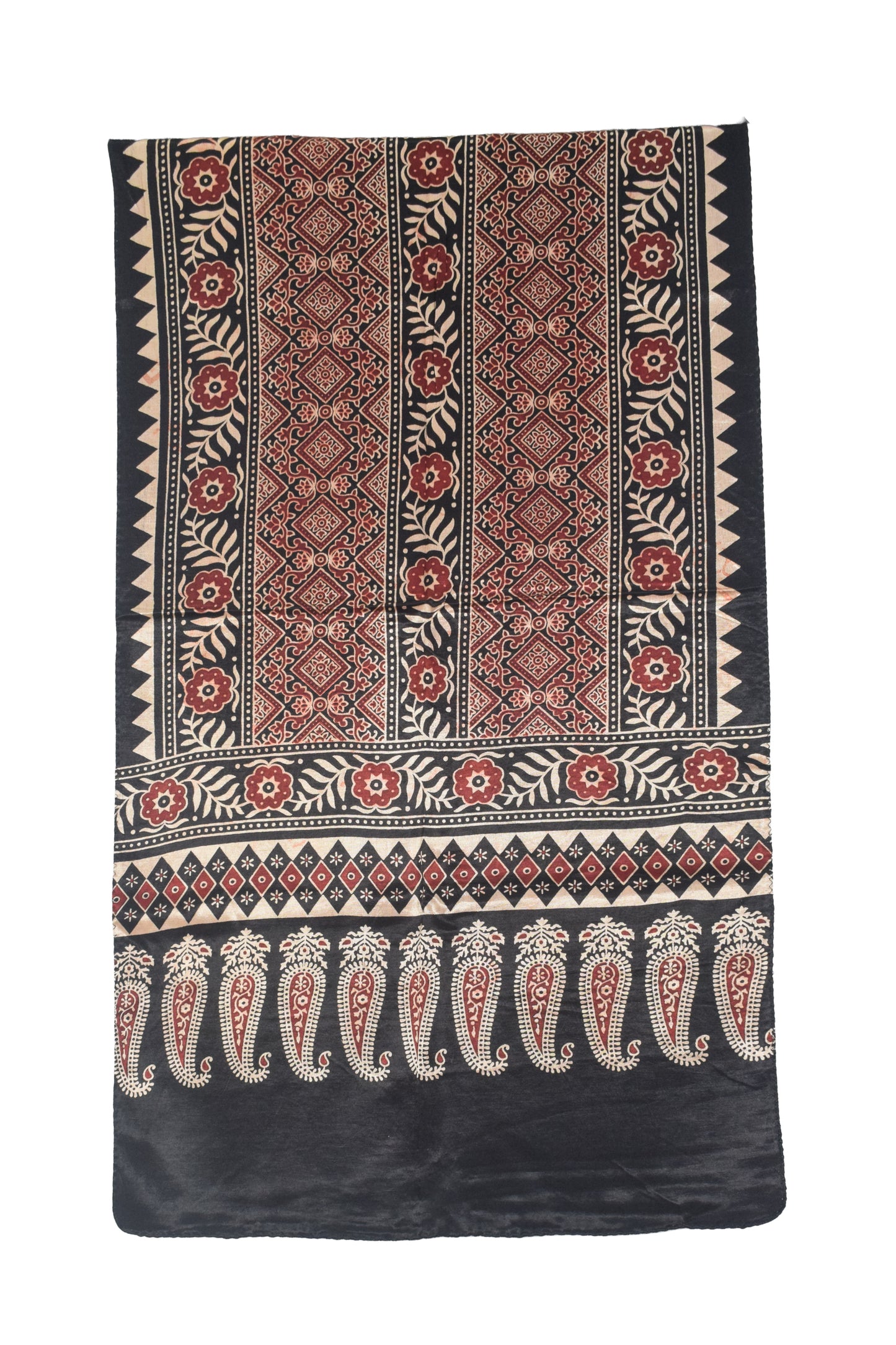 Ajrakh Mashru Silk Natural Dye Two Colour Kam Screen Hand Printed Stole  - 2.1 Mtr Length   -  SKU : JH27701B