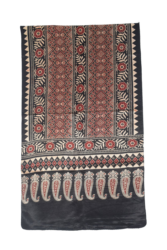 Ajrakh Mashru Silk Natural Dye Two Colour Kam Screen Hand Printed Stole  - 2.1 Mtr Length   -  SKU : JH27701B