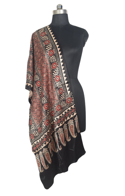 Ajrakh Mashru Silk Natural Dye Two Colour Kam Screen Hand Printed Stole  - 2.1 Mtr Length   -  SKU : JH27701B