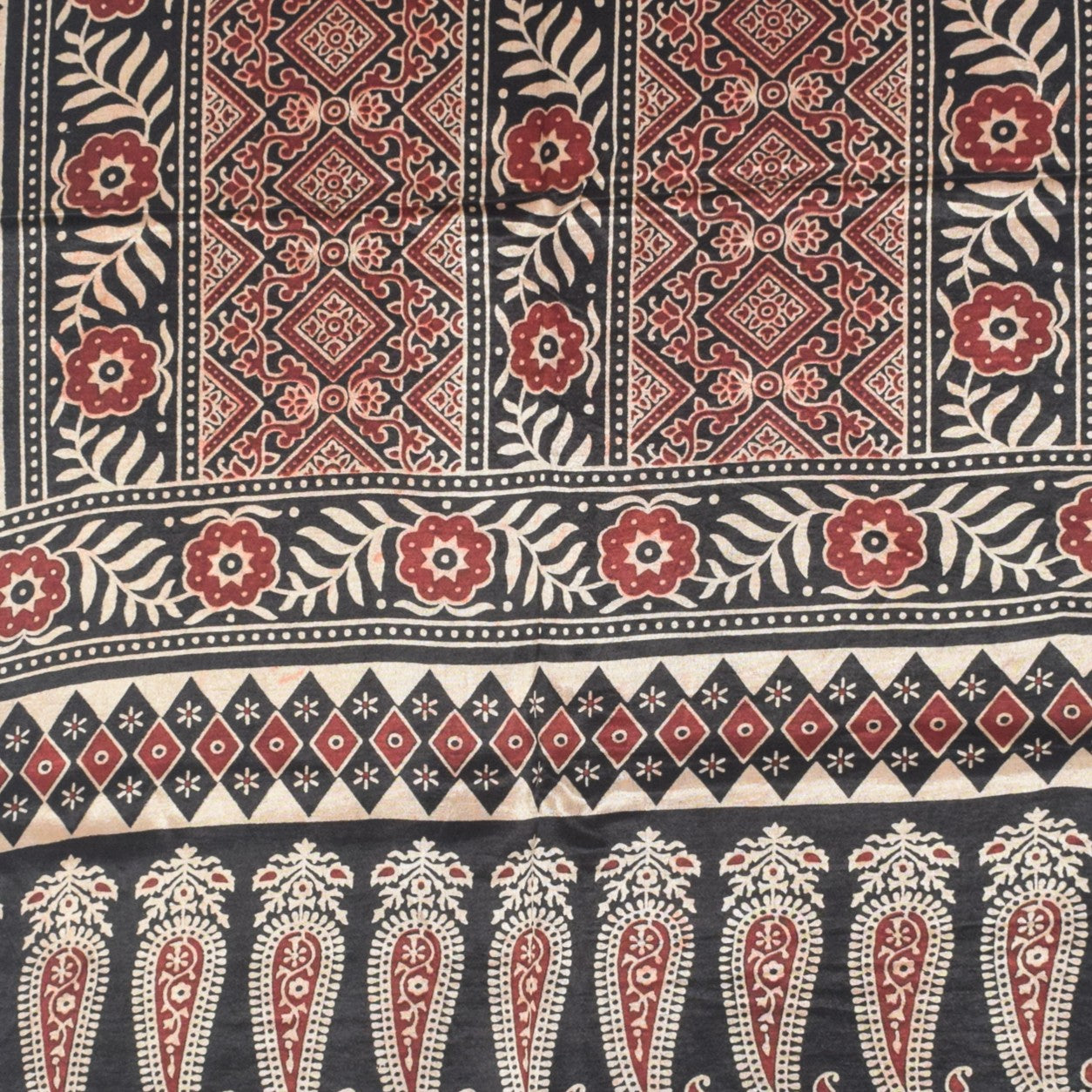 Ajrakh Mashru Silk Natural Dye Two Colour Kam Screen Hand Printed Stole  - 2.1 Mtr Length   -  SKU : JH27701B
