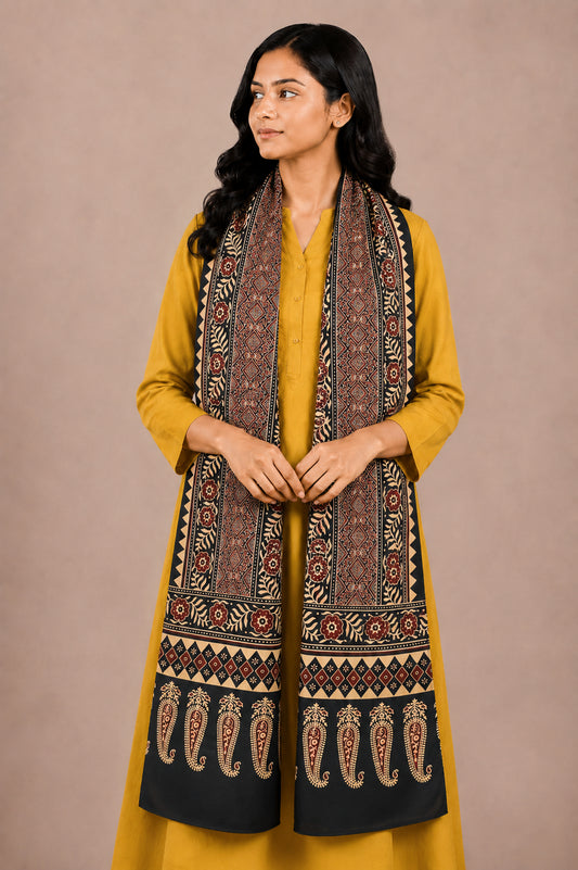 Ajrakh Mashru Silk Natural Dye Two Colour Kam Screen Hand Printed Stole  - 2.1 Mtr Length   -  SKU : JH27701B