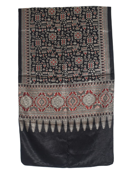 Ajrakh Mashru Silk Natural Dye Two Colour Kam Screen Hand Printed Stole  - 2.1 Mtr Length   -  SKU : JH27701D