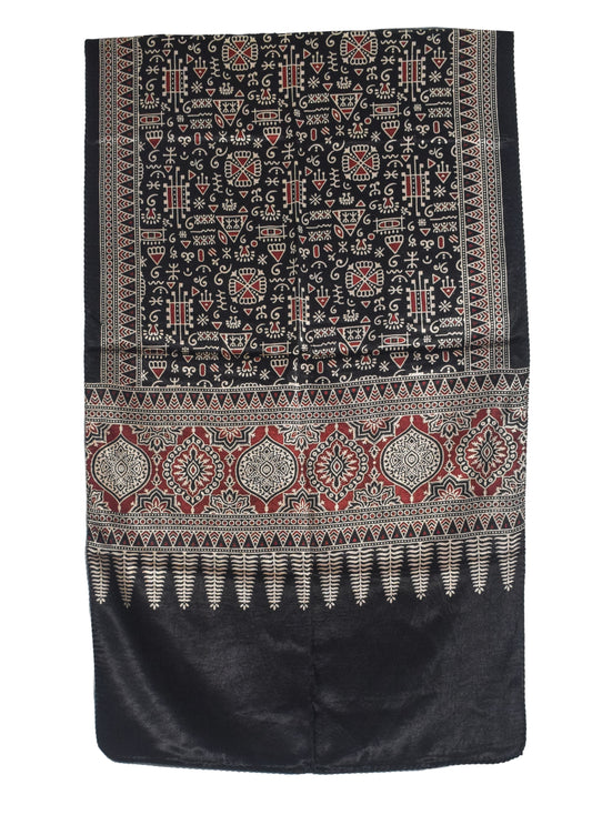Ajrakh Mashru Silk Natural Dye Two Colour Kam Screen Hand Printed Stole  - 2.1 Mtr Length   -  SKU : JH27701D