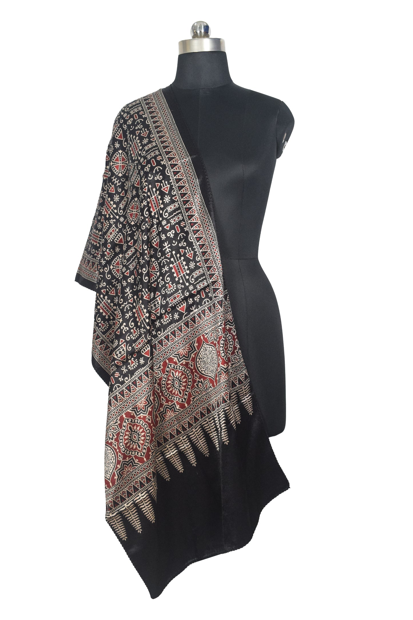 Ajrakh Mashru Silk Natural Dye Two Colour Kam Screen Hand Printed Stole  - 2.1 Mtr Length   -  SKU : JH27701D